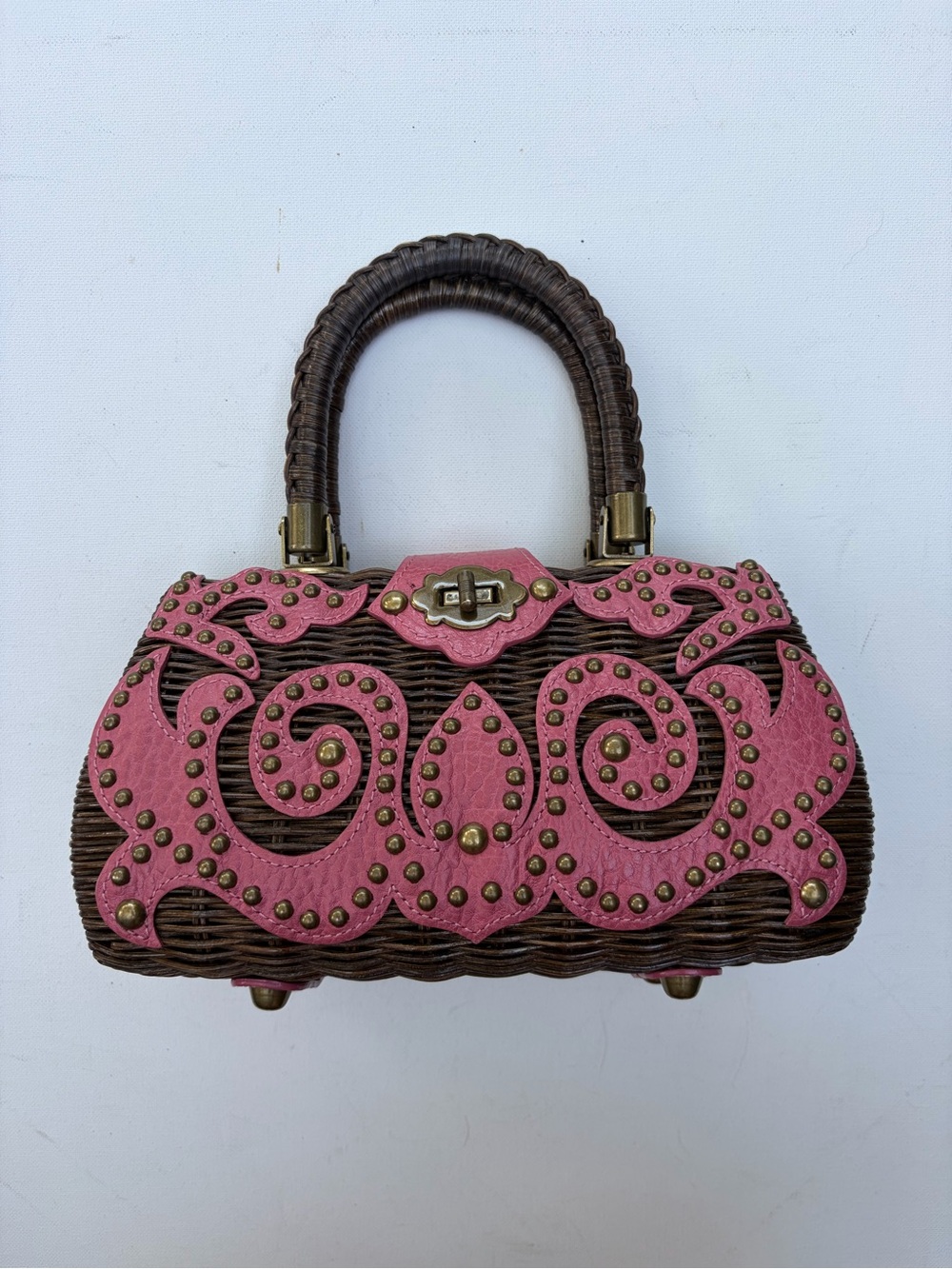 Isabella Fiore Woven Wicker Bag with Studded Embroidery
